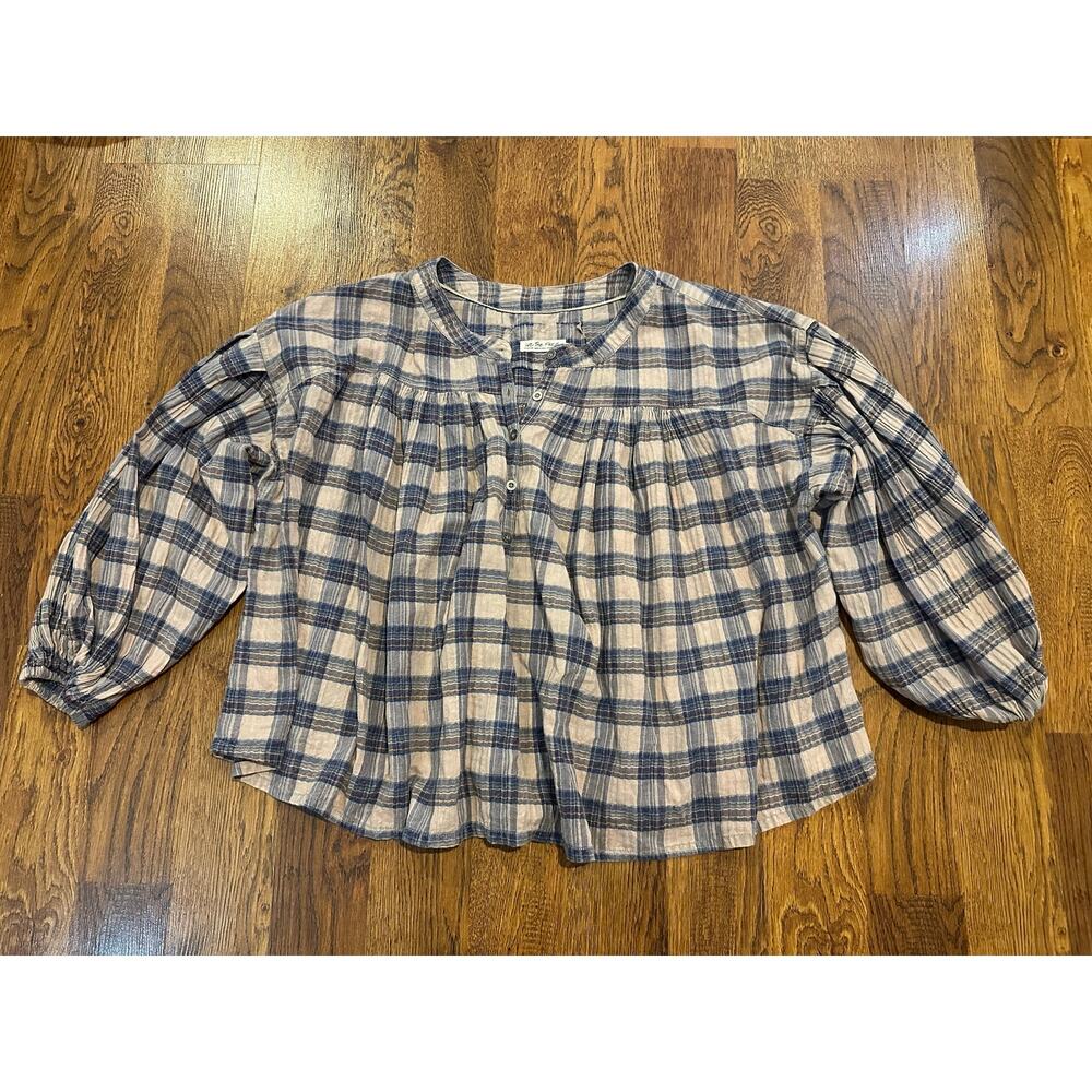 Free People Jessie Plaid Peasant Top Women’s Medium Balloon Sleeve Boho Blouse